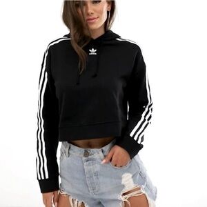 Adidas - Cropped Hoodie - French Terry Cotton - Black 🖤 & White 🤍 3 Striped